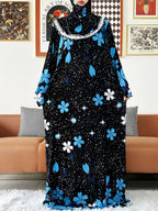 2023 Muslim Solid Cotton Abaya For Women Ramadan Prayer Garment Joint Hat Dubai Turkey Middle East Femme Robe Floral Loose Dress - Matrix-studios.com