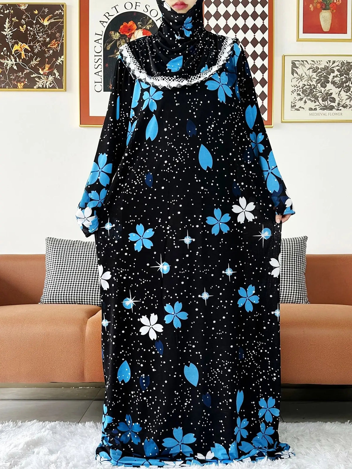 2023 Muslim Solid Cotton Abaya For Women Ramadan Prayer Garment Joint Hat Dubai Turkey Middle East Femme Robe Floral Loose Dress - Matrix-studios.com