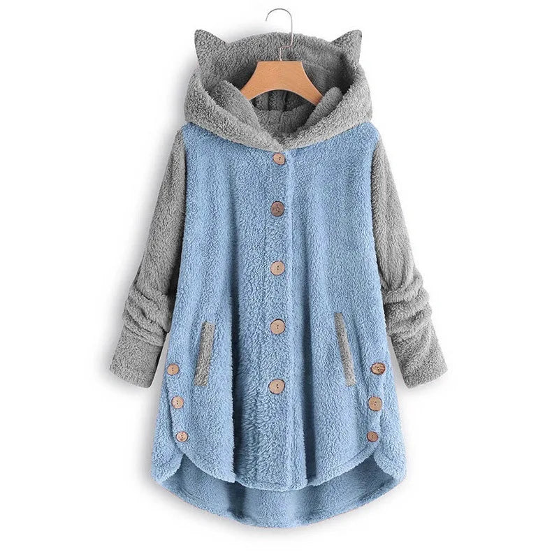Cat Print Long Hoodies Sweatshirt Women Fleece Warm Button Pocket Pullovers Cat Ear Plus Size Hoodie Top Blouse Sweat Femme - Matrix Studios