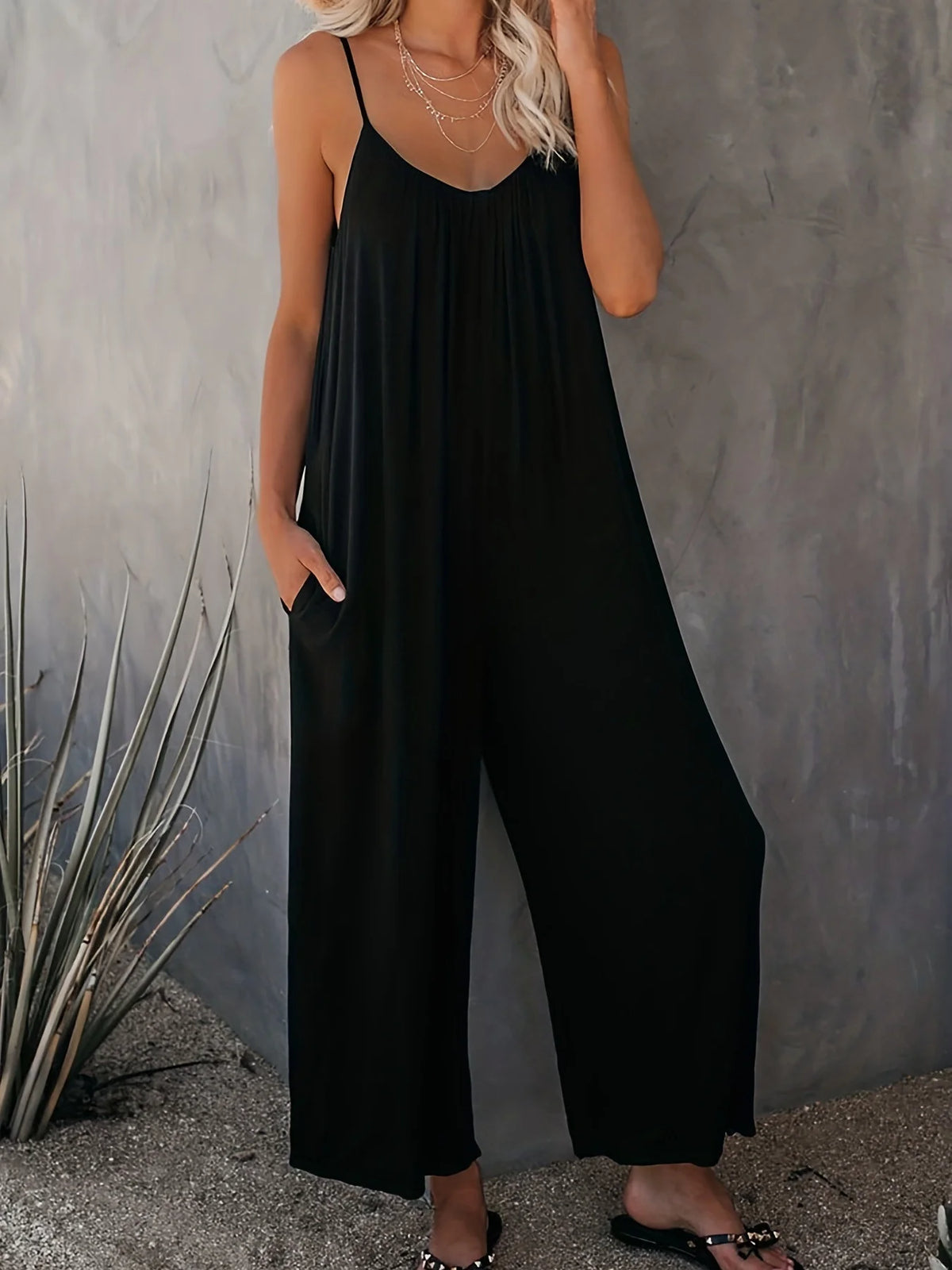 Plus Size Women's 2025 Summer Jumpsuit - Sleeveless Wide Leg Romper with Side Pockets, Casual One Piece Outfit - Matrix Studios
