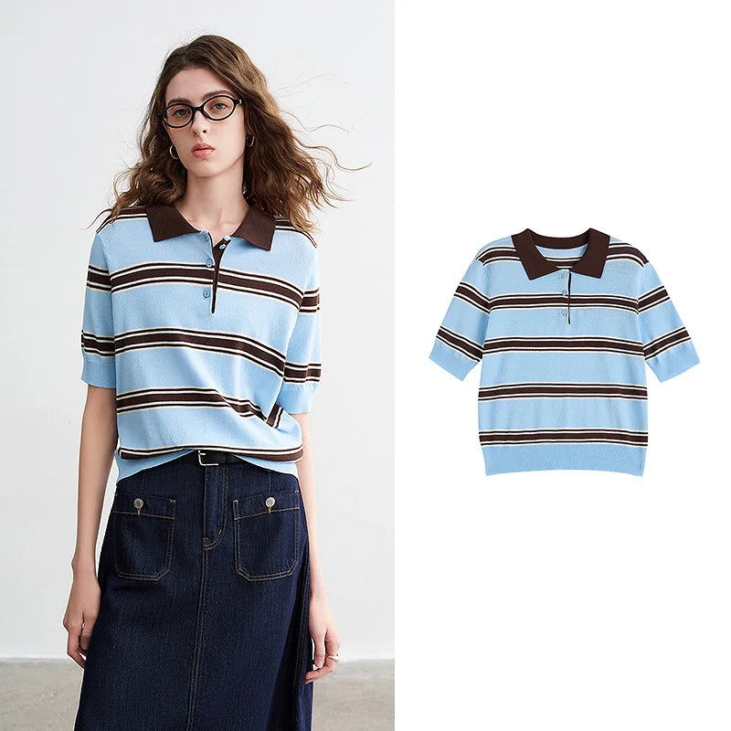 TOYOUTH Women Intellectual Striped Polo Shirt 2026 Spring New Lyocell Linen Breathable Comfort Knit Top - Matrix-studios.com