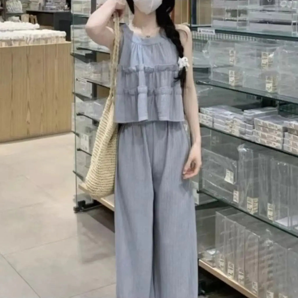 Faionable round Ne Svel Top High Waist Straight Leg Pants Women's Summer New Sle Korean Version Two-Piece Set - Matrix-studios.com