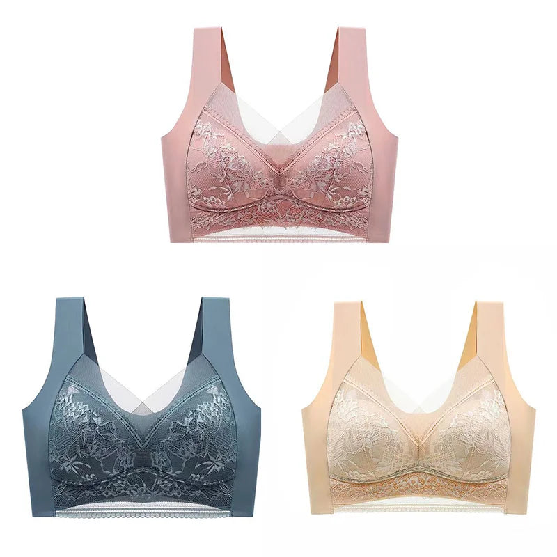 3Pcs Women Lace Bra Perspective Push Up Ice Silk Deep V Bralette Bra Sexy Lingerie Tops Plus Size Cup Mom's underwear L-5XL - Matrix Studios
