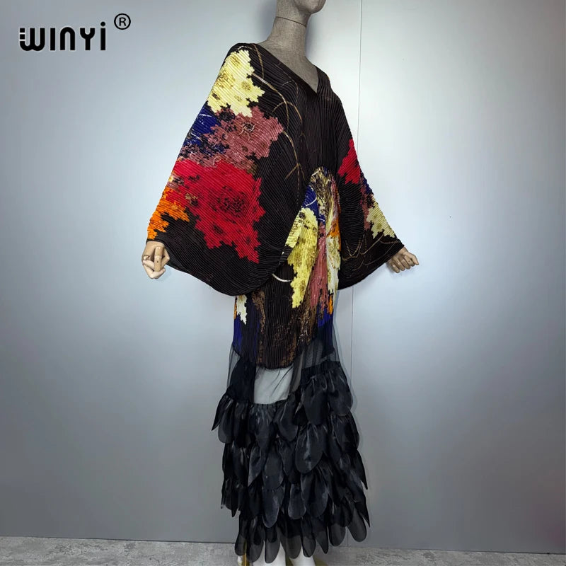 WINYI Pleated Elastic Loose Dress Beach Cover Up Abaya Dubai Luxury Party Dress Fashion Evening Dress Abaya Muslim Woman Kaftan - Matrix-studios.com