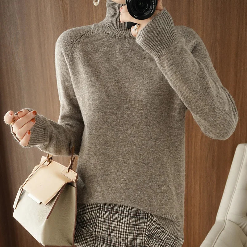 Autumn Winter Mock-Neck Merino Wool Pullover Basic Casual Cashmere Sweater Comfort Womes Raglan Sleeve Clothing Tops - Matrix Studios