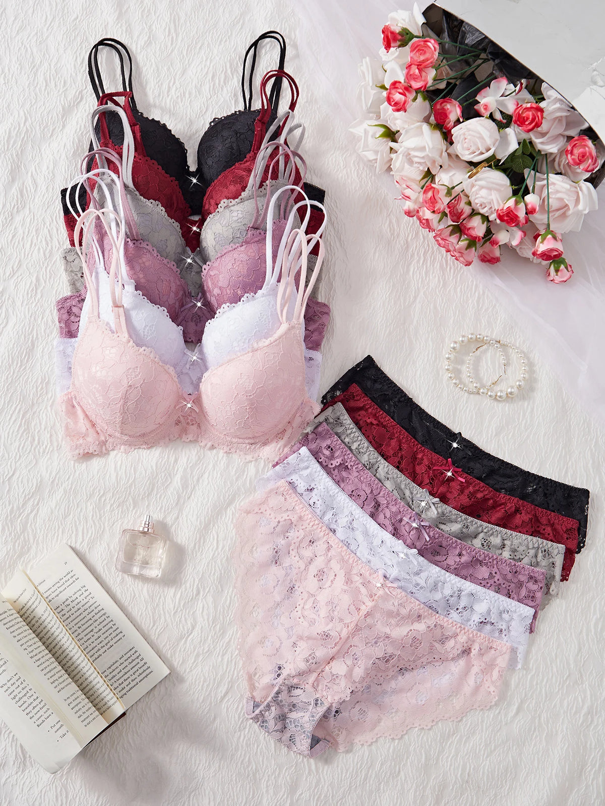 6-Piece Set Women's Bra and Panties Set Sexy Patterned Lace Patchwork No Lining Comfortable Fitting Women's Push-Up Bra Women's Underwear Set - Matrix-studios.com