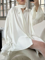 Bonboho Women's Elegant Blouse Solid White Buttoned Satin Shirts Lapel Collar Long Puff Sleeves Loose Fit T-shirt with Scarf - Matrix-studios.com