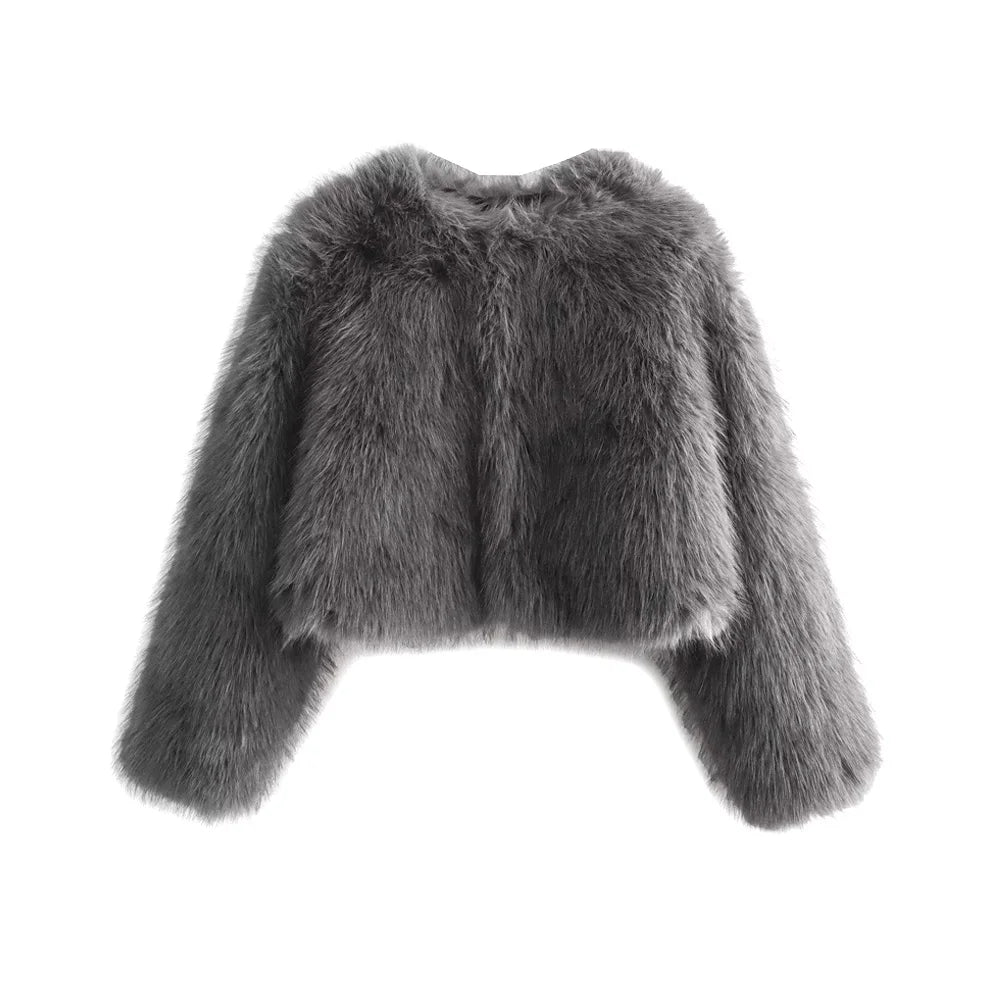 Women's Thick Warm Faux Fur Cropped Jacket, O Neck, Long Sleeve, Female Outerwear, Chic Tops, Fashion - Matrix Studios