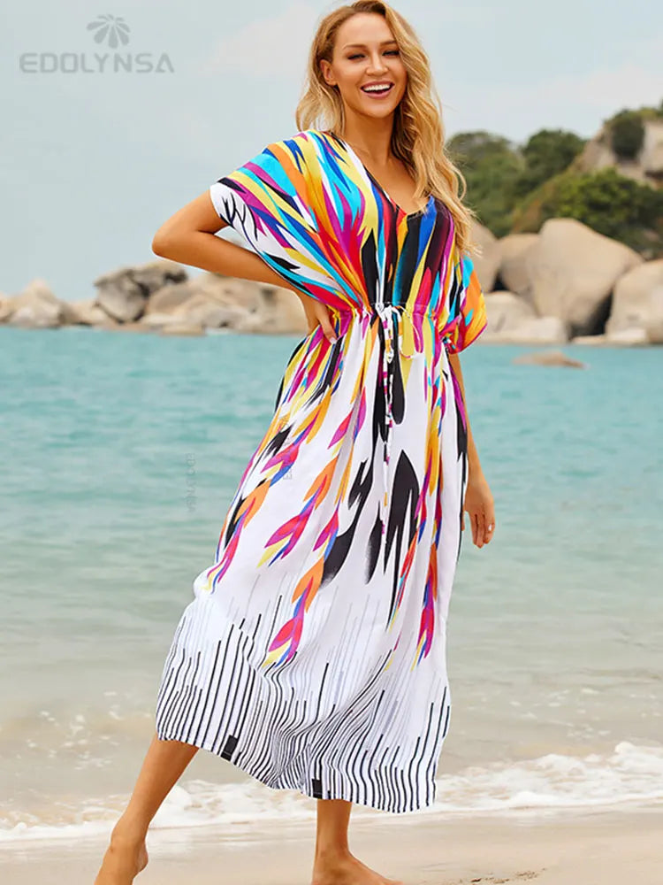 2026 Indie Folk Embroidered Short Sleeve Summer Dress Cotton Tunic Beach Kaftan Women Beachwear Swimsuit Cover Up Robe de plage - Matrix Studios