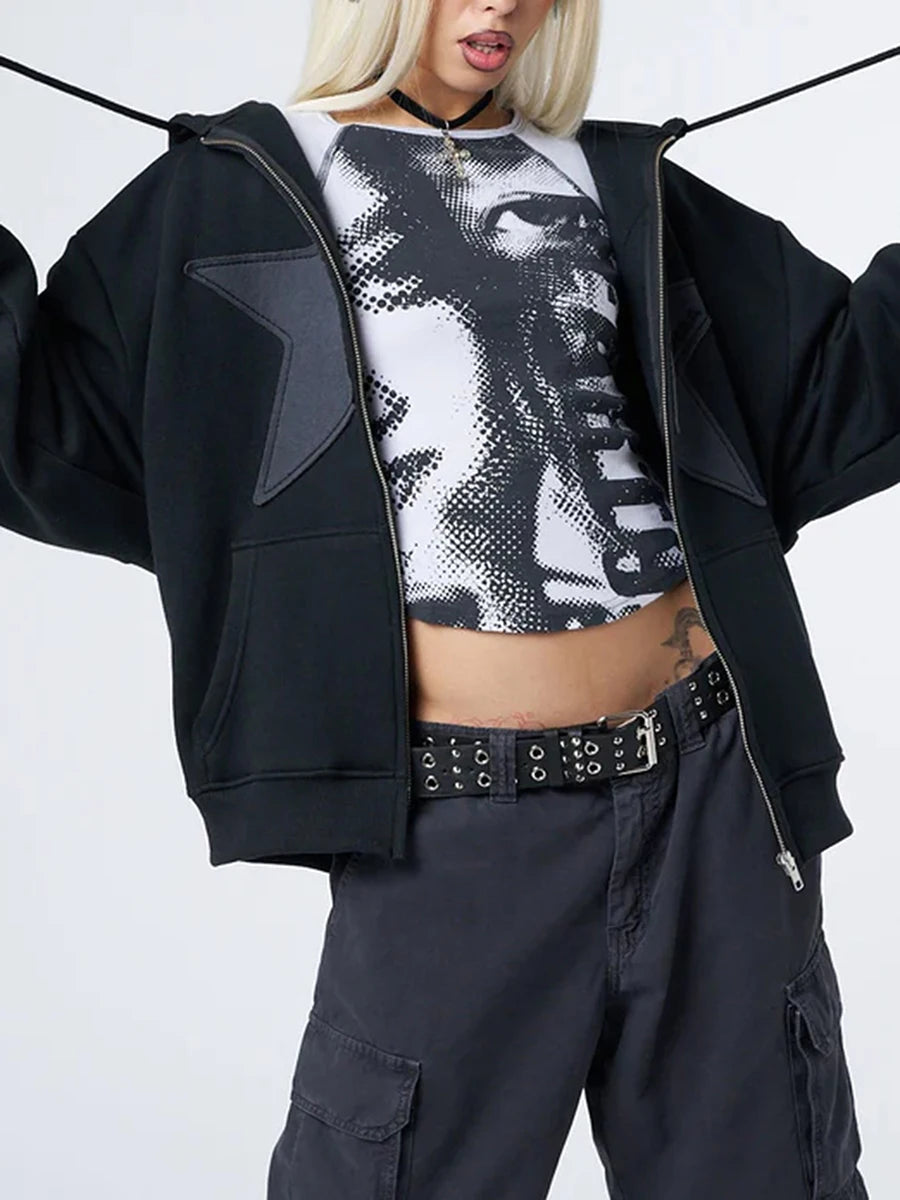Y2K Vintage Star Print Hooded Hoodie for Women Casual Loose Long Sleeve Zip Up Drawstring Sweatshirts Autumn Spring Coat Street - Matrix Studios