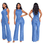 Bling Bling Sequined Club Jumpsuit Sexy Women O-neck Elegant Shiny Sliver Gold Sequins Straight Romper Overalls - Matrix Studios