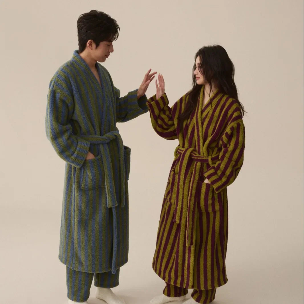 Thickened Flannel Robe Pants Pajamas Set Autumn Winter New Couple Coral Velvet Women Men Bathrobe Striped Lengthed Home Clothes - Matrix-studios.com