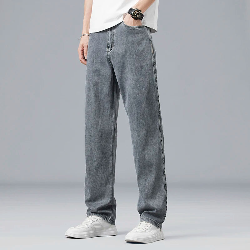 Summer Ultra-thin Lyocell Men's Jeans Drape Soft Fabric Loose Straight Casual Denim Pants Elastic Ice Silk Male Trousers - Matrix Studios