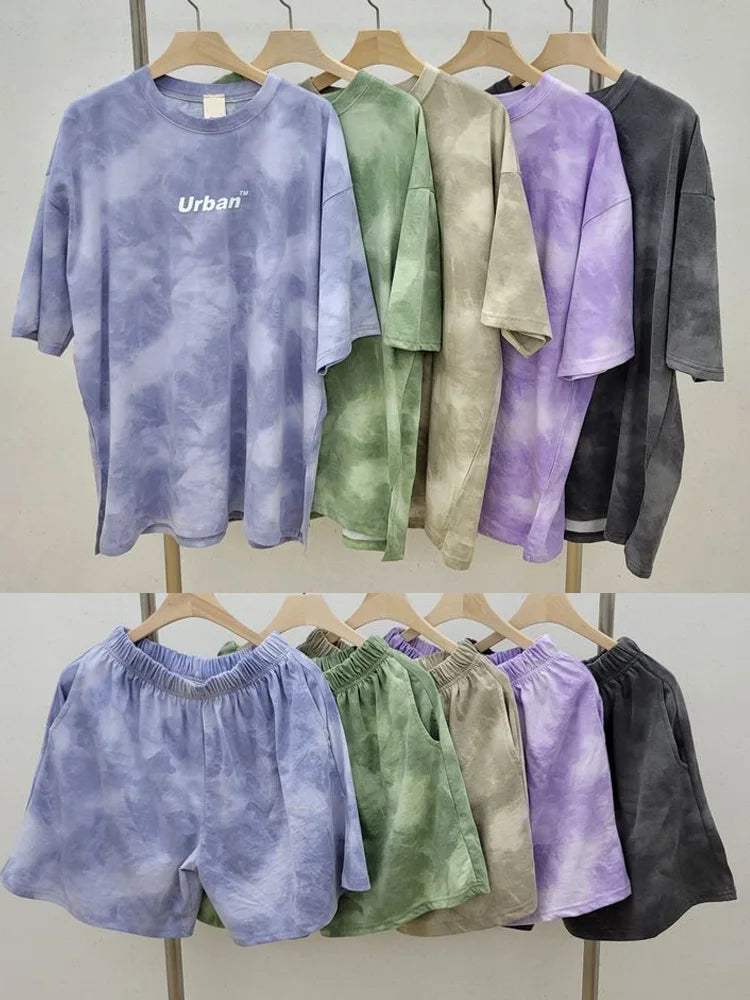 Women T-Shirt Shorts Suit Set Casual Tie Dye Loose Tshirt and Wide Leg Middle Shorts with Pockets Female Soft Summer Shorts Sets - Matrix-studios.com