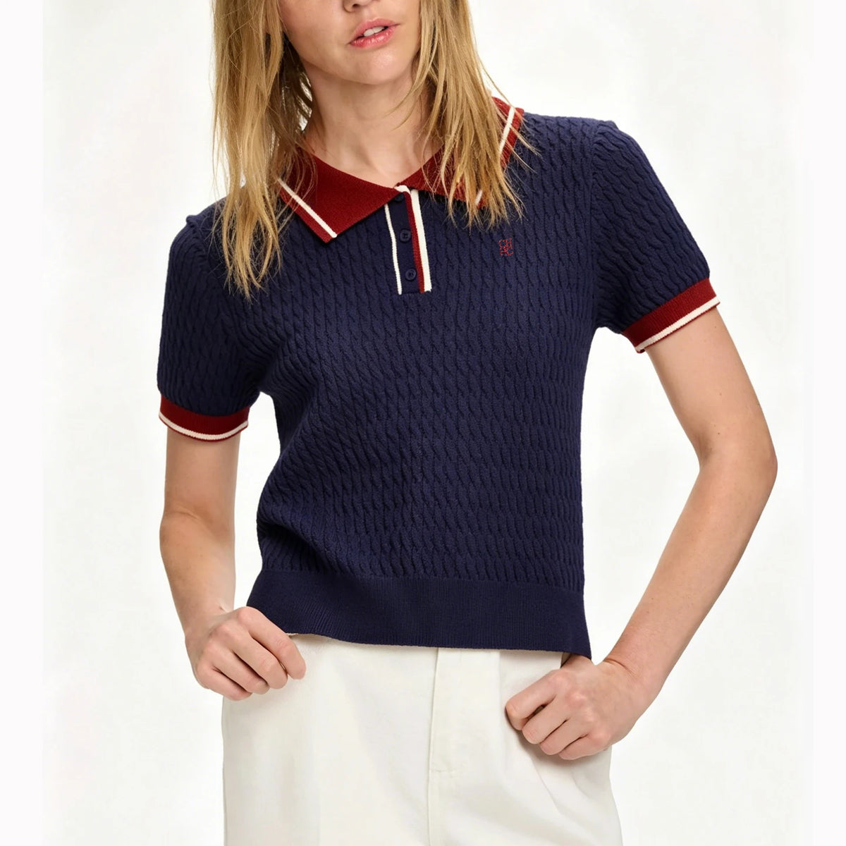 CH Solid Color Embroidered Knit Polo Shirt Women Elegant Short Sleeve Ribbed Trim Office Casual Tops - Matrix-studios.com