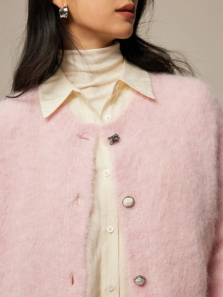 SuyaDream, Women Cardigans, 78%Alpaca, O Neck, Single breasted Solid Sweaters, 2025 Fall Winter Warm Jackets, White, Grey, Pink - Matrix Studios