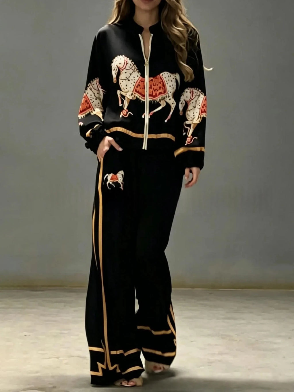 Autumn Animal Print Coat Trousers Suit Women Zipper Casual Long Sleeve Female Coats Satin 2 Pieces Set High Waist Pant Lady Sets - Matrix-studios.com