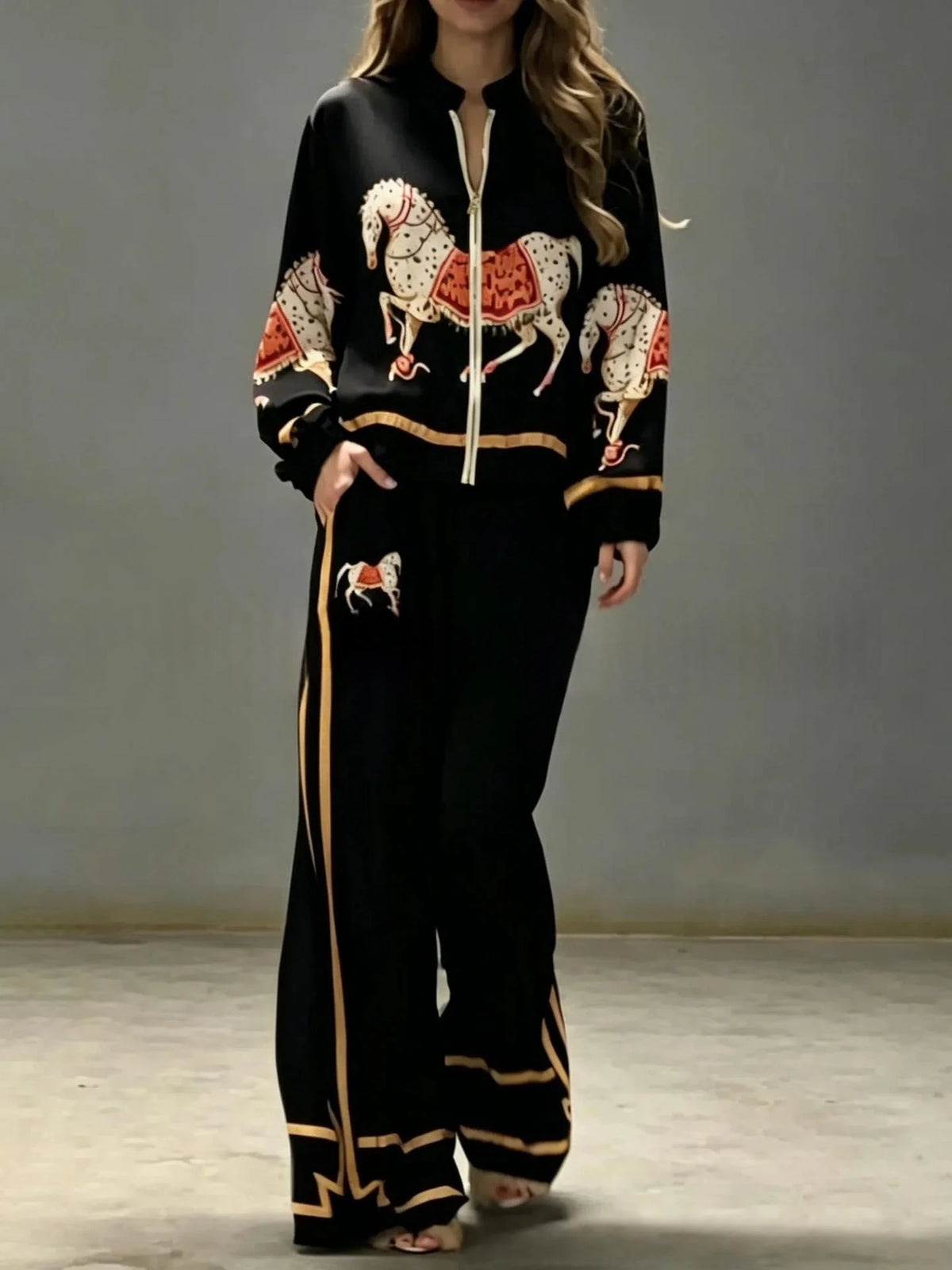 Autumn Animal Print Coat Trousers Suit Women Zipper Casual Long Sleeve Female Coats Satin 2 Pieces Set High Waist Pant Lady Sets - Matrix-studios.com