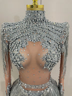 Women Sparkly Rhinestone Sequin Tassel Stretch Bodysuits 2025 New Arrival Birthday Party Nightclub Dj Stage Performance Costume - Matrix Studios