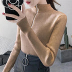 Knitted Women Zipper Half High Neck Sweater Pullovers Autumn Winter Basic Women Sweaters Slim Solid Knitwear Pull Femme Tops - Matrix-studios.com