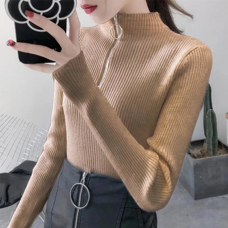 Knitted Women Zipper Half High Neck Sweater Pullovers Autumn Winter Basic Women Sweaters Slim Solid Knitwear Pull Femme Tops - Matrix-studios.com