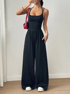 Women's Casual Solid Color Pleating Loose Straight Jumpsuit A-line Backless Halter Neck Slim Cami Jumpsuit Streetwear 2025 - Matrix Studios