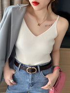 Korea Summer Tops 2026 New Solid V-Neck Elastic Knitted Suspender Camis Women's Tanks Clothing Basics Shirt - Matrix-studios.com