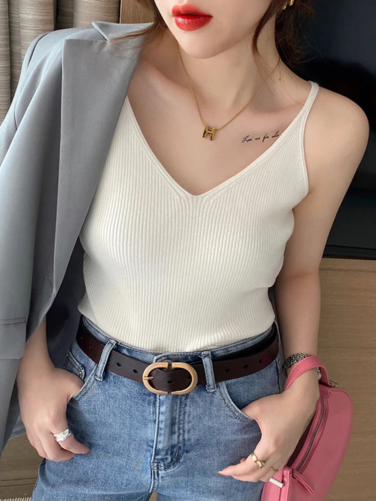 Korea Summer Tops 2026 New Solid V-Neck Elastic Knitted Suspender Camis Women's Tanks Clothing Basics Shirt - Matrix-studios.com