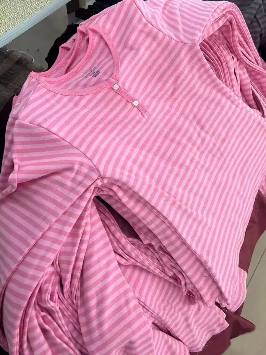 Pink Striped Slim Long Sleeve Tees Women Spring Casual Cotton O-neck Tshirt New Tops Clothes Sweet Cute  Vintage T-shirts Y2K - Matrix-studios.com