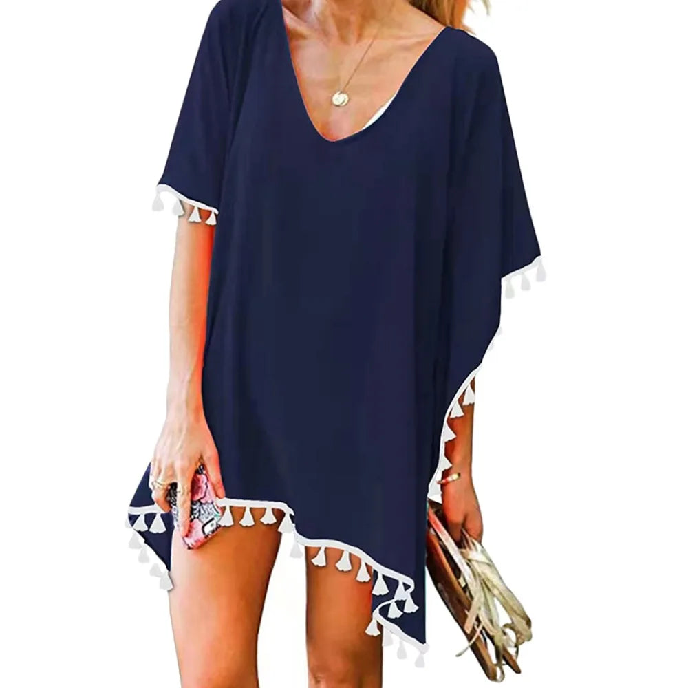 Fashion V Neck Summer Sunscreen Smock Loose Casual Beachwear Shirt Bathing Suit Plus Size Swimsuit Cover Up Dress for Women - Matrix Studios