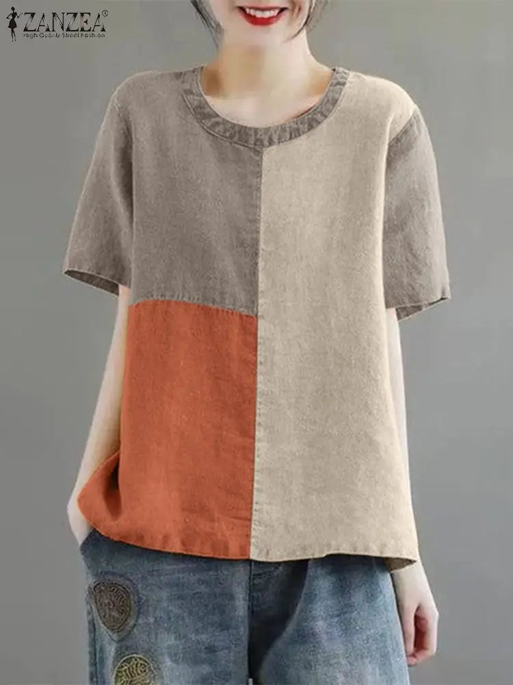 ZANZEA Women Patchwork Blouse 2024 Summer Short Sleeve Tunics Fashion Round Neck Shirts Casual Loose Holiday Cotton Linen Tops - Matrix-studios.com