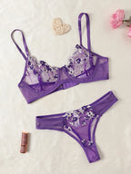 Purple Fancy Lingerie Set Female Underwear Embroidery Flower Bra And Panty Sets Women Outfits - Matrix-studios.com