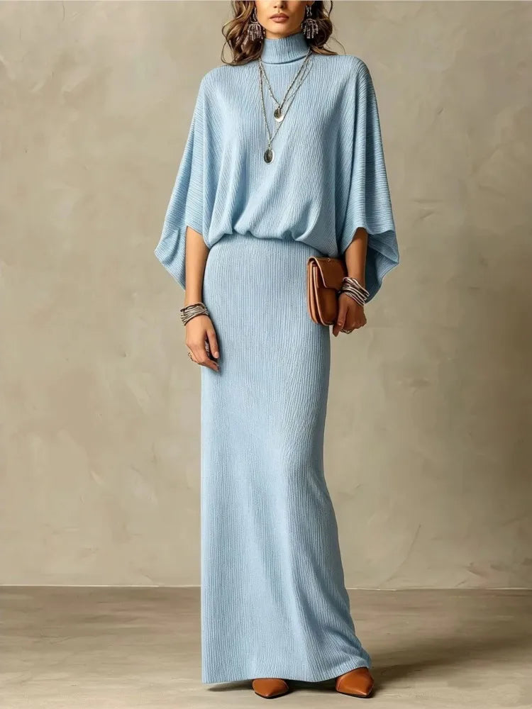 Autumn Winter New Fashion High Collar Bat Sleeve Skirt 2piece Set Women Casual Knitted Pit Strip Elegant Slim Hip Hip Skirt Suit - Matrix-studios.com