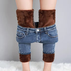 Women Thermal Skinny Jeans Mom Winter Warm Plush Stretch Jeans Lady Fleece Snow Denim Pants Student Pencil Straight Leg Trousers - Matrix-studios.com