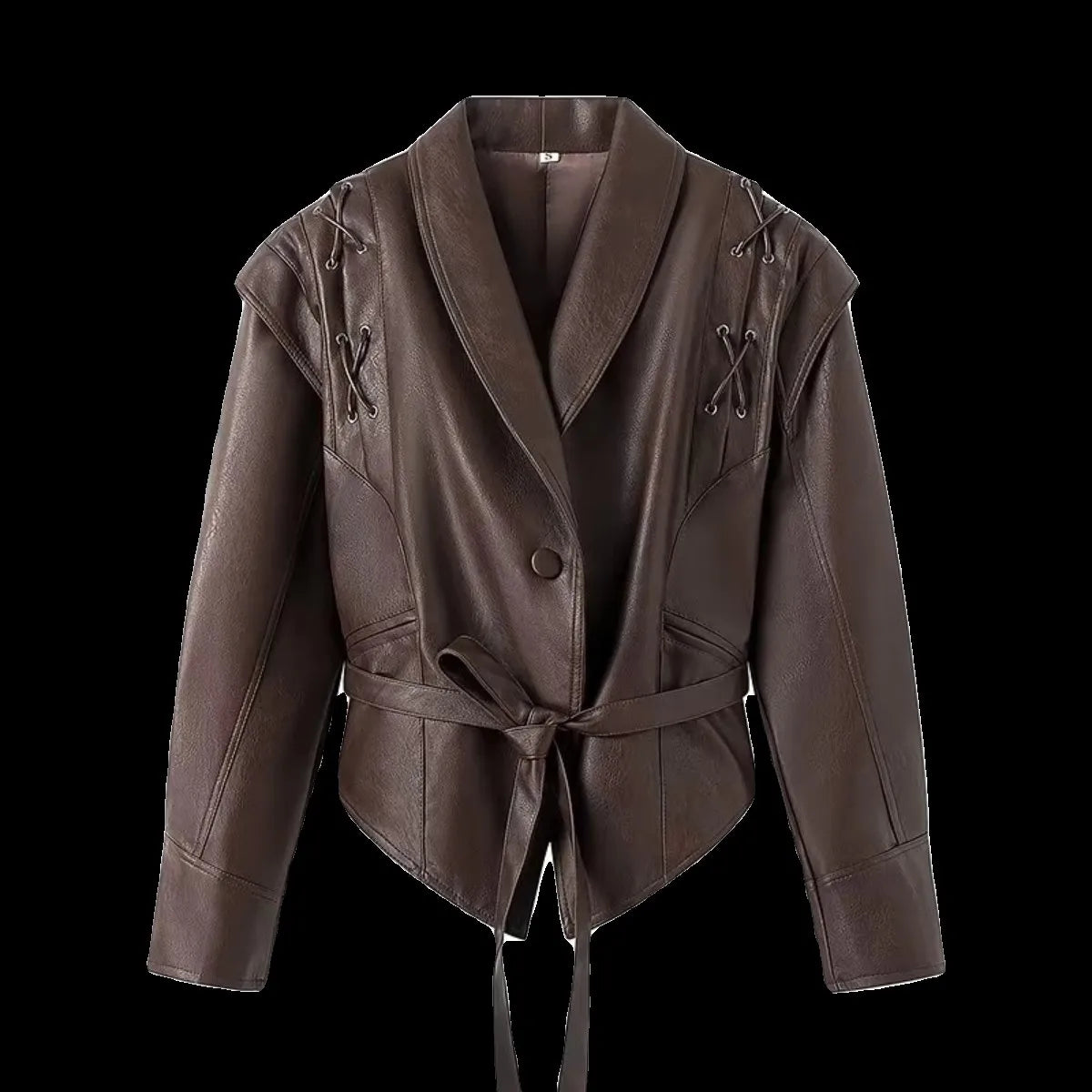 Mauroicardi Spring Autumn Short Retro Brown Pu Leather Jacket Women Sashes Lace Up Luxury Designer Emo Clothes European Fashion - Matrix Studios