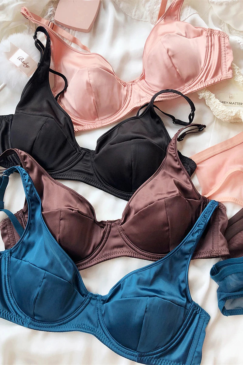 Women Ice Silk Comfort Underwear Sexy Small Breast Push Up Bra Set Detachable Padding Thin Cup Brassiere Intimates Panties Set - Matrix-studios.com