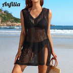 Anfilia Women Beach Cover Up Crochet Sexy Deep V-Neck Side Slit Sleevesless Hollow Out Dress Knitted Fashion Cover Up - Matrix Studios
