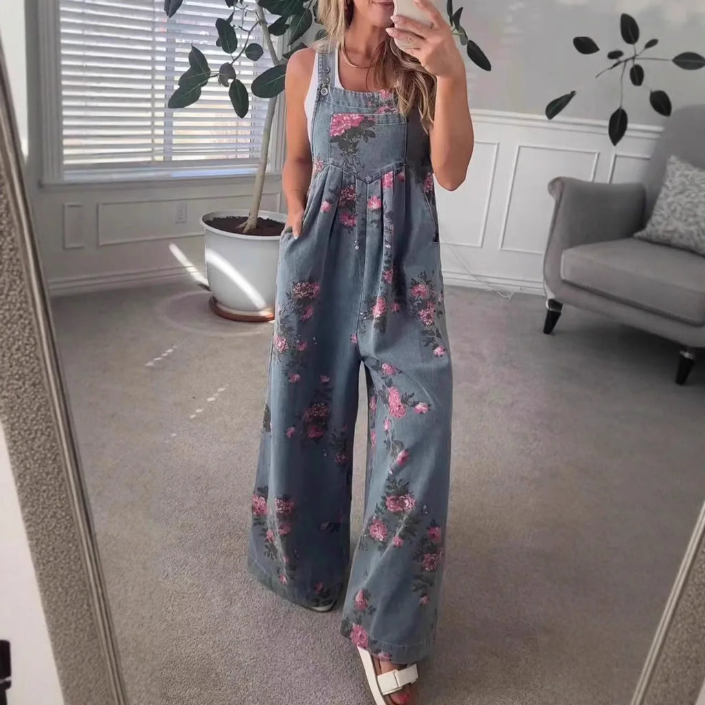 Denim Floral Print Trendy Sleeveless Jumpsuits for Women Rompers Festival Outfit Loose Overalls Pleated Pockets Long Pants - Matrix Studios