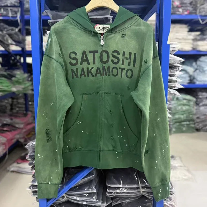 26ss Winter Green Oversize Street Outfit SATOSHI Jacket Washed Retro Distressed Splashed Ink Zipper Hoodie Men Women Loose Hoody - Matrix-studios.com
