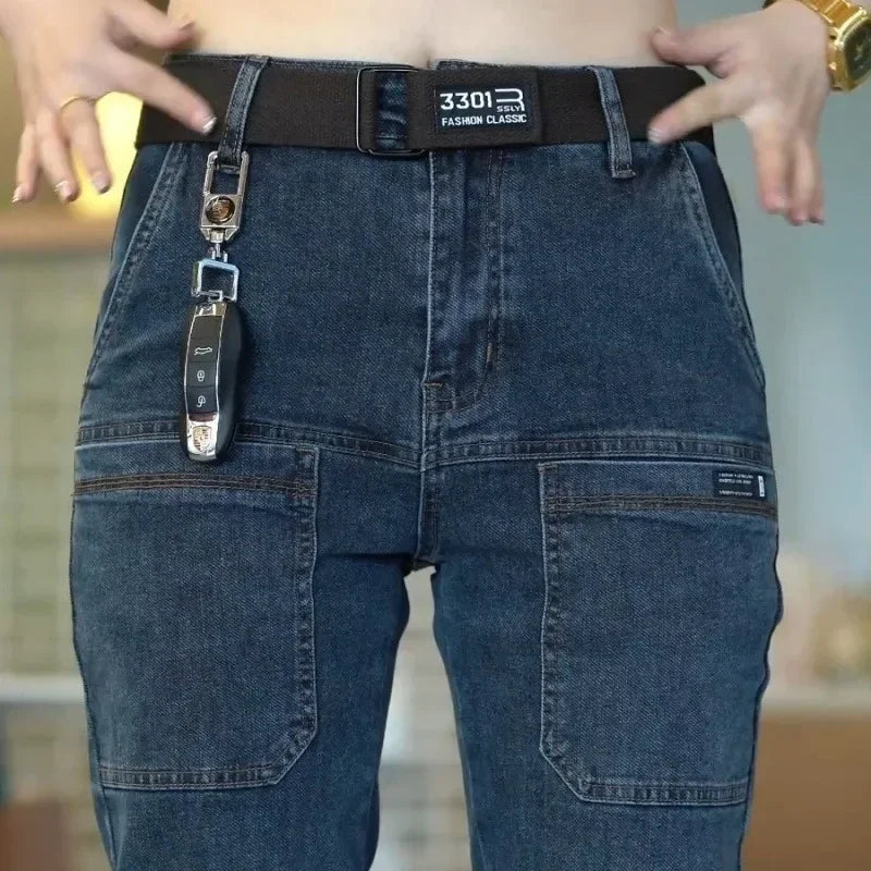 Spring Summer Thin Six Pocket Men's Jeans Elastic Straight Leg Casual Slim Fit Jeans Versatile Multi-Pocket Long Y2K Denim Pants - Matrix Studios