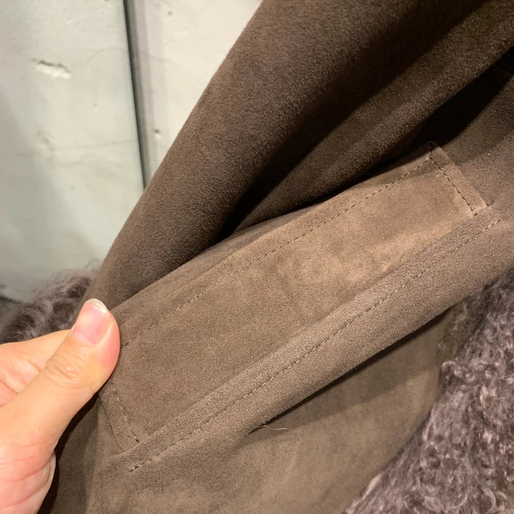 Suede Coat Fur Collar Women Autumn Genuine Sheepskin Coat Long with Mongfolian Fur Trim - Matrix Studios