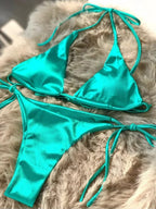 Halter Brazilian Metallic Satin Bikini Women Swimwear Female Swimsuit Two-pieces Bikini Set High Cut Bathing Suit Swim Beachwear - Matrix-studios.com