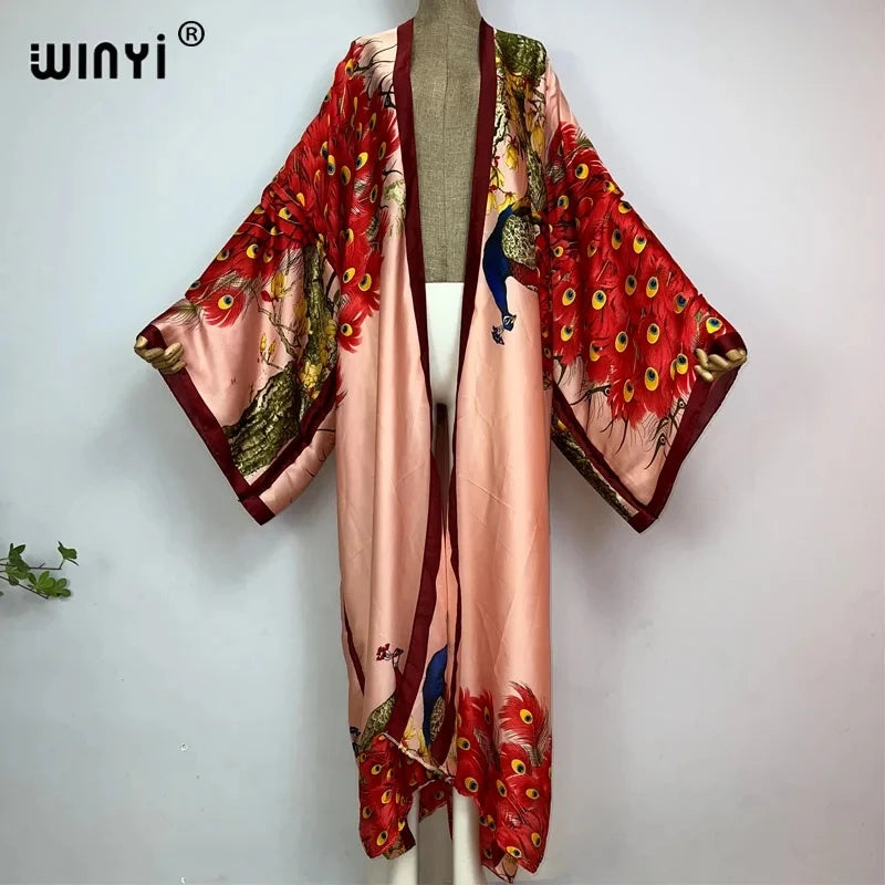 WINYI 2026 Summer Women Cardigan stitch Cocktail sexy Boho Maxi African Holiday Batwing Sleeve Silk feeling Robe kimono kaftan - Matrix Studios