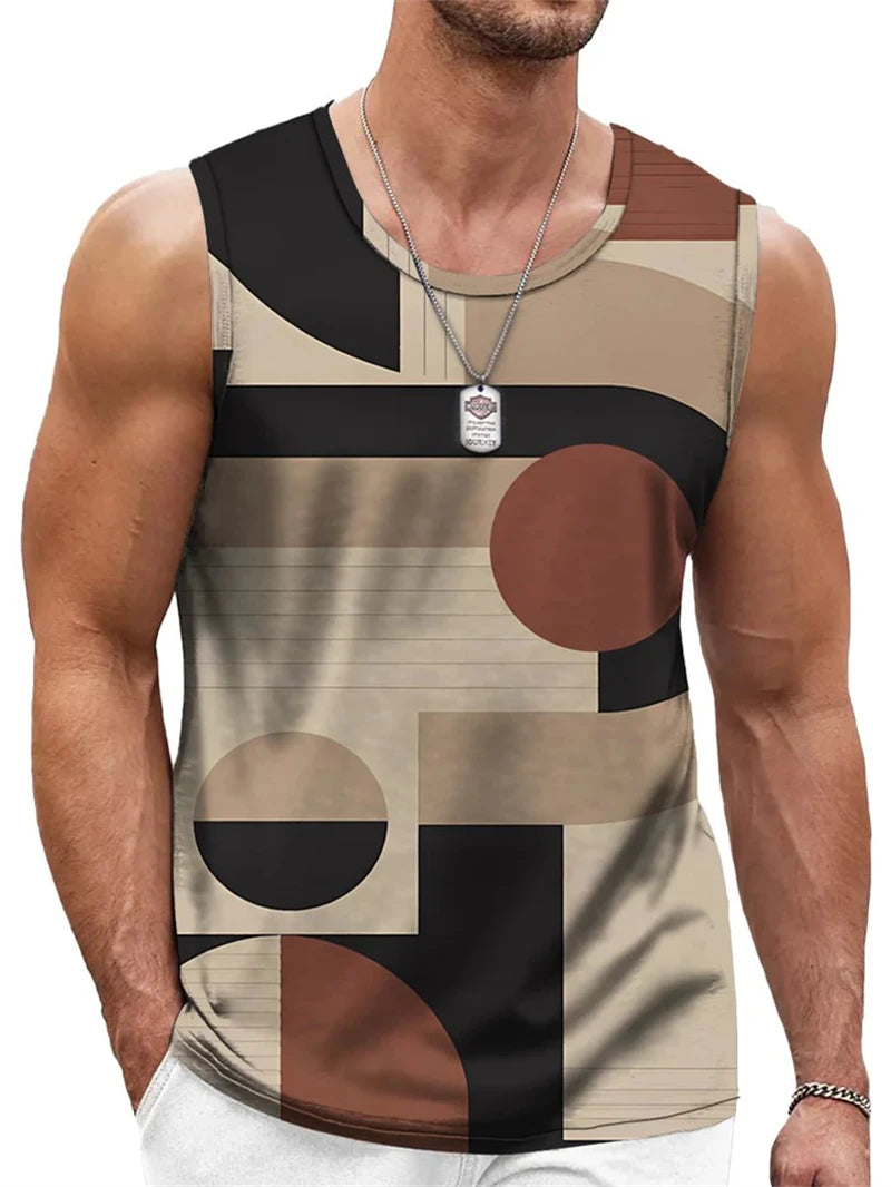Mens Retro Geometric 3D Printed Tank Top Summer Casual Crew Neck Fashion Trend Sleeveless Vest Loose Breathable Sports Tops - Matrix Studios