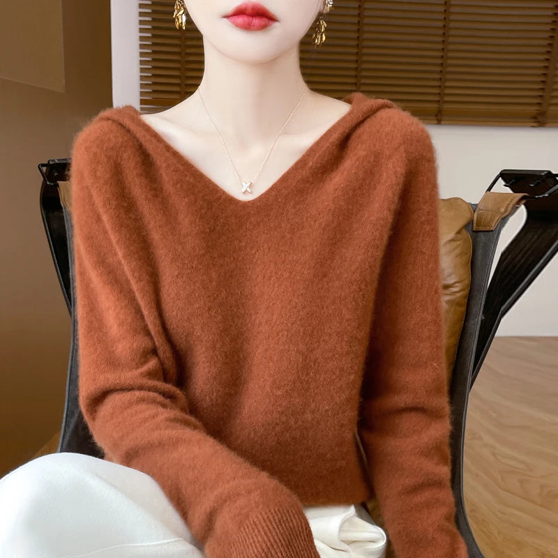 Women Autumn Winter Clothing Hooded Collar Pullover 100% Merino Wool Sweater New Fashion Cashmere Tops Bottoming Knitwear Soft - Matrix Studios
