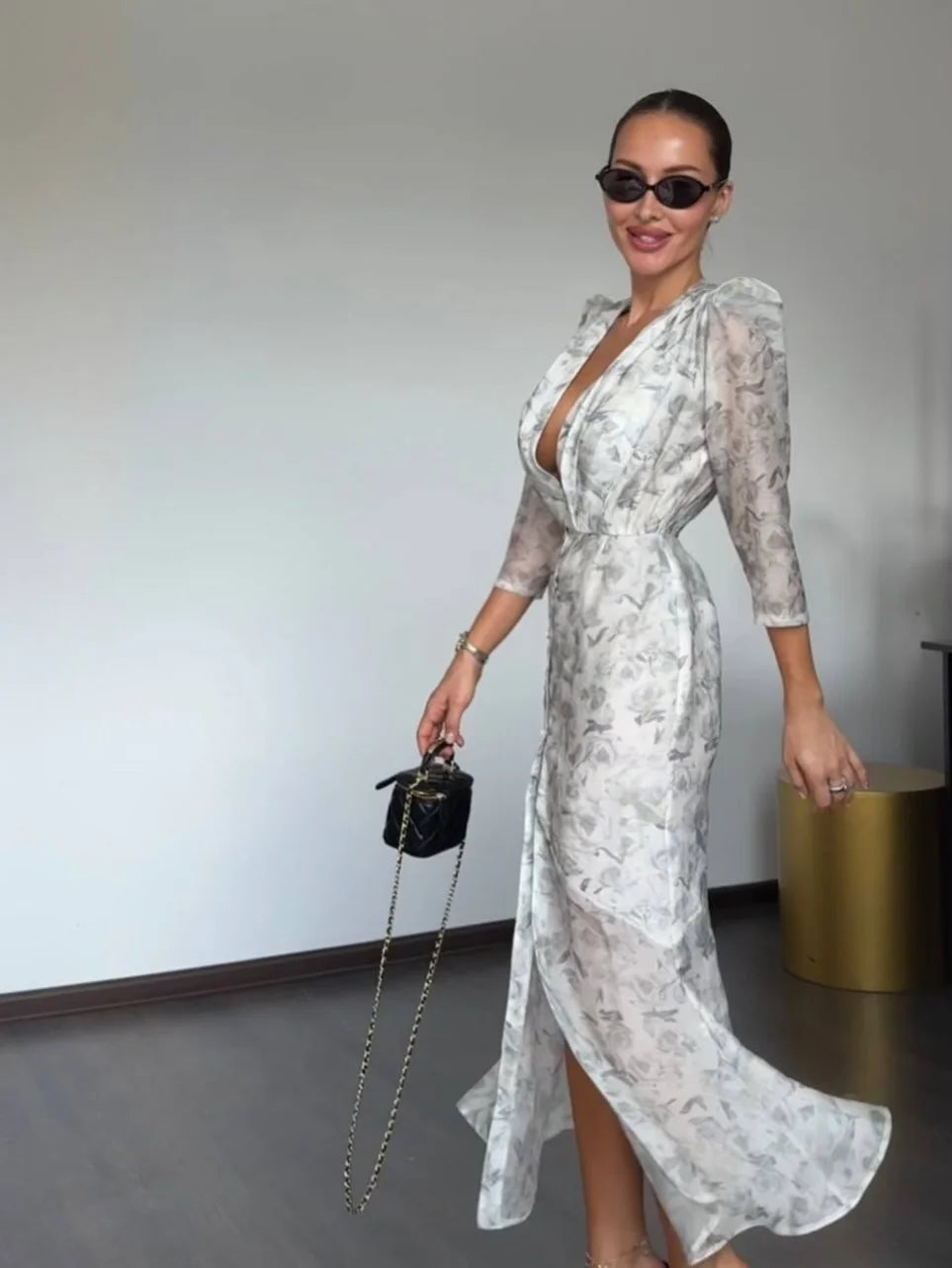 Organza Floral Printed Maxi Dress V-Neck  Puff Sleeve 2026 Spring/Summer Romantic Women Party Gown Fashion Elegant Lady Vestidos - Matrix-studios.com