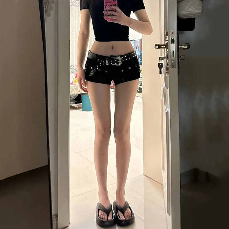 Black Sexy Low Waist Y2K Jean Shorts Woman Punk Gothic Popular Denim Super Shorts Female Korean Fashion Slin Fit Hot Short Pants - Matrix-studios.com