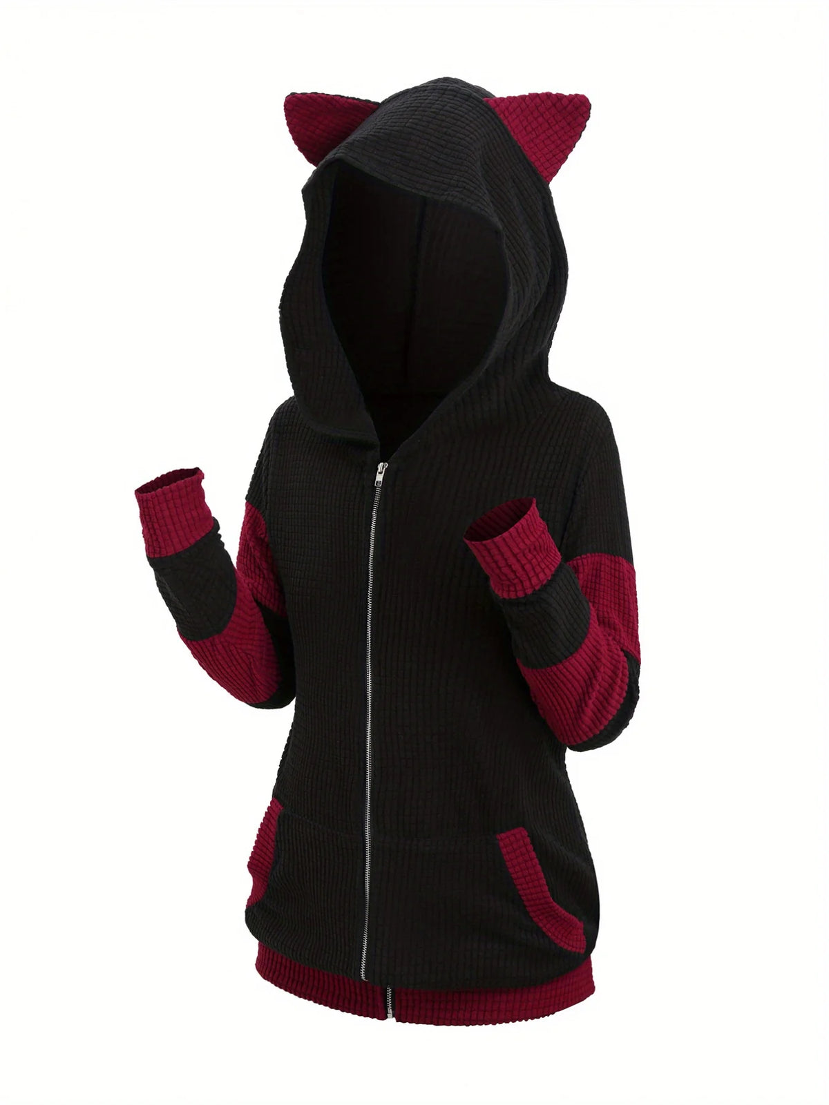 2024 European and American fashion women's new thick cat ears in autumn and winter long color matching hooded sweater coat - Matrix Studios