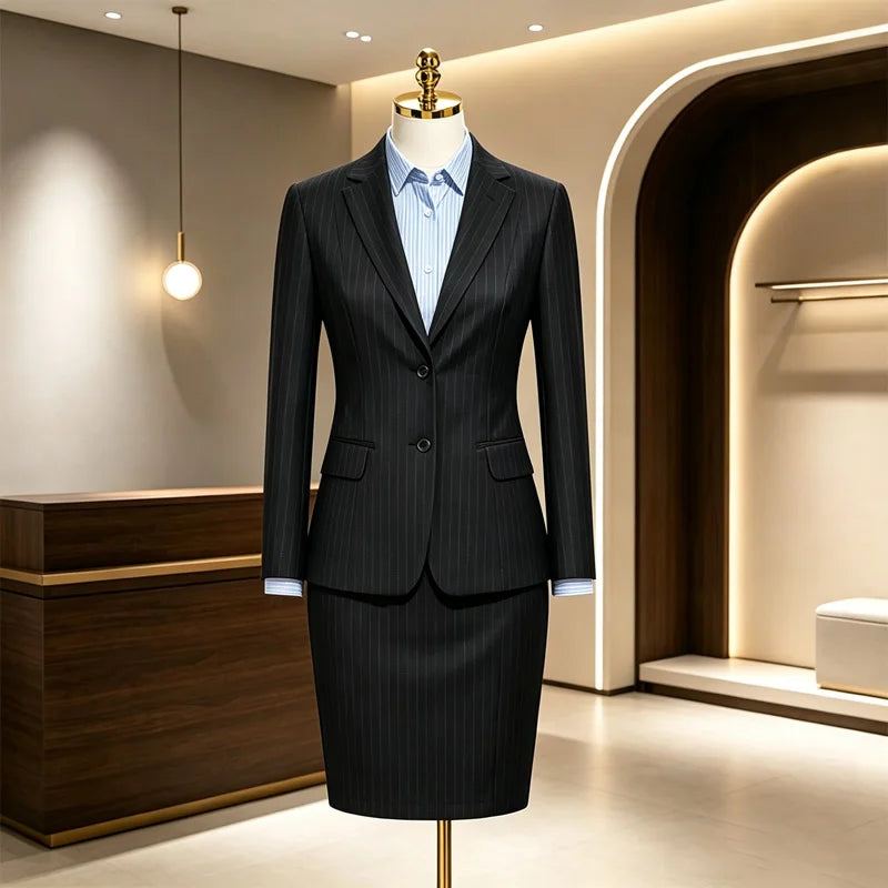 Best-Selling Navy Pinstripe Women Suit Set Wool Anti-Static Stretch Uniform For Office Corporate Business - Matrix-studios.com