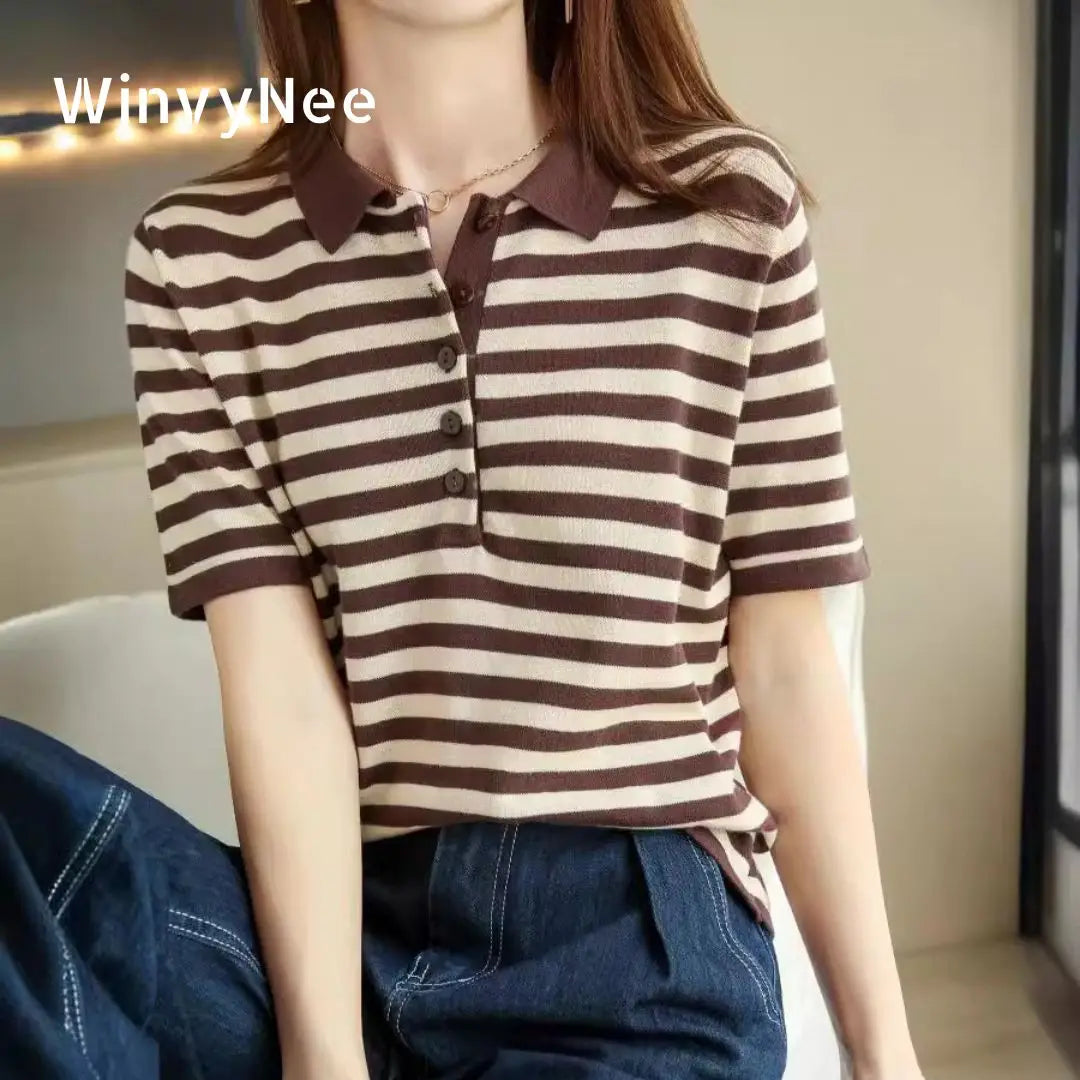 WinvyNee Summer Women 100% Cotton Striped Polo T Shirt Women Clother Tops Short Sleeve  Sweater Casual Basic Pullover A1002004 - Matrix-studios.com